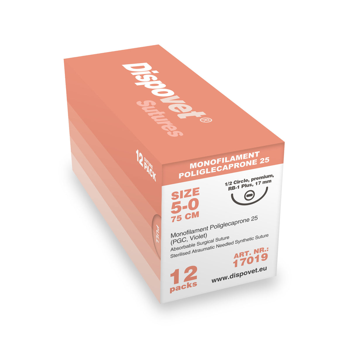 Hechtdraad poliglecaprone (pgc) 25 (USP 5-0, 75 cm, RB-1 Plus naald) 12 stuks | Dispovet®