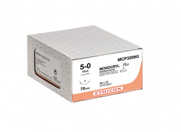 Ethicon Suture Monocryl Plus (MCP3209G, with needle, FS-2, 19 mm, 3/8 circle reverse cutting) - 12 pieces